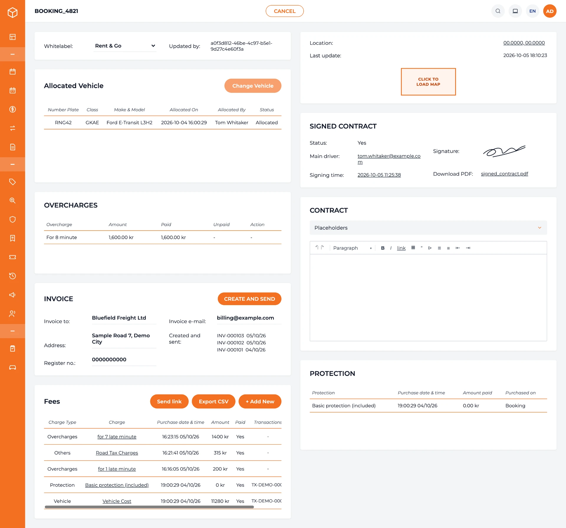 Movitronic booking detail screen showing the invoice, fees and overcharges for one rental, with the allocated vehicle and the signed contract