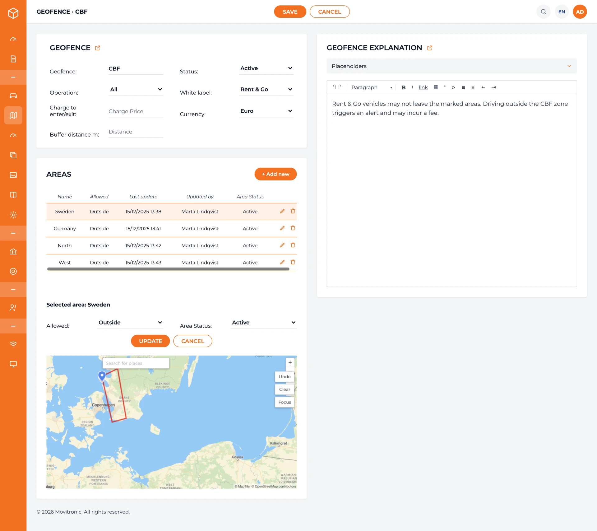 Movitronic geofence editor with geofence settings, an areas list and a map showing the drawn boundary