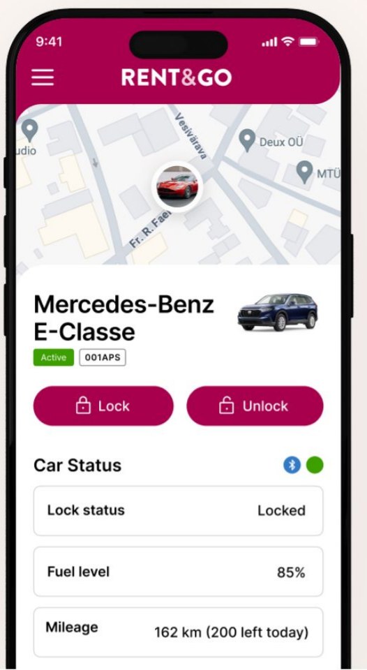 Renter app showing a booked car with Lock and Unlock buttons, fuel level and mileage